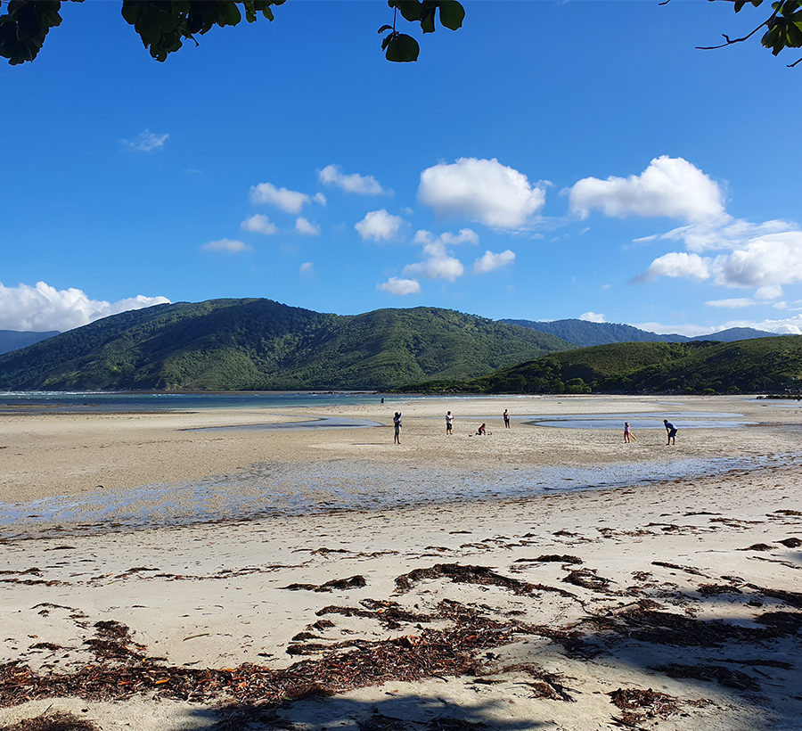 Tourists play beach cricket in Cooktown