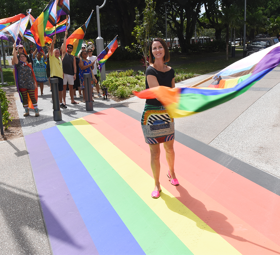 Division 5 Councillor Amy Eden at the newly installed rainbow crossing in support of Cairns Pride Festival